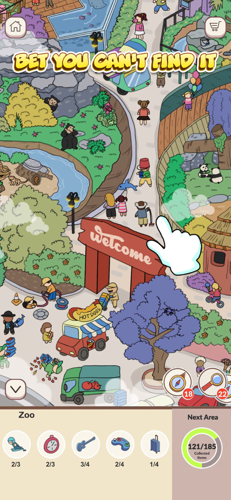 Colorful zoo scavenger hunt level in the Find It hidden object mobile game