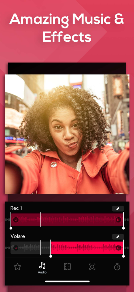 App screen showing audio waveform tracks and music editing tools for creating photo slideshows with the headline Amazing Music and Effects.