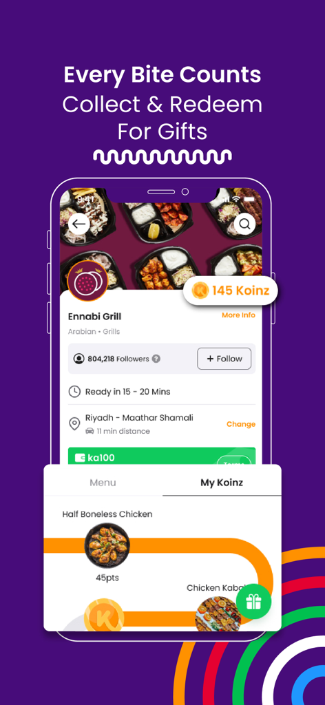 Koinz mobile app interface showing restaurant loyalty points and rewards for every bite