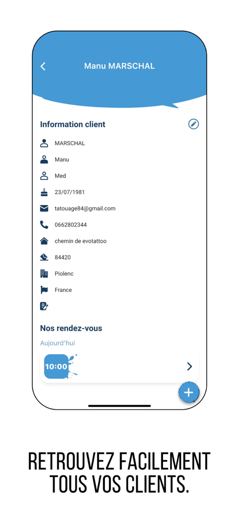 Tattoomorrow - Tattoomorrow app interface showing a detailed client profile with contact information and upcoming appointment schedule for a tattoo artist