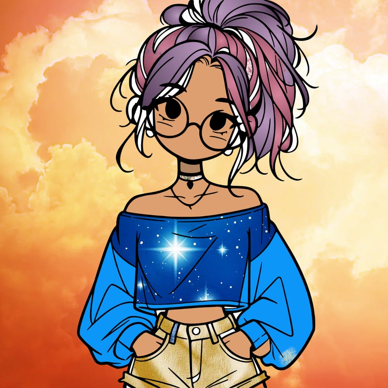 girl with a messy ponytail glasses a baggy crop top and jean shorts