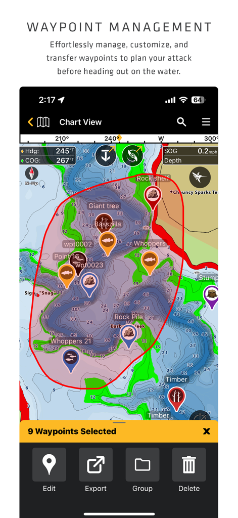 One-Boat Network - Un écran d'application mobile montrant une carte de pêche détaillée avec neuf waypoints sélectionnés dans un cercle rouge et des options de gestion pour modifier, exporter, regrouper ou supprimer.