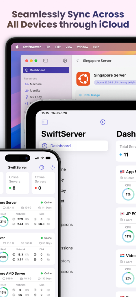 SwiftServer - Monitoring & SSH - SwiftServer app monitoring dashboard synced on iPhone iPad and Mac via iCloud