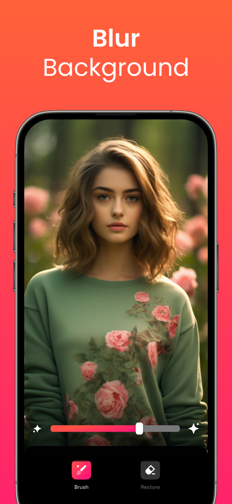 Retouch AI - Remove Objects - Retouch AI 모바일 앱 기능으로 꽃 정원 배경을 흐리게 처리한 여성 초상화
