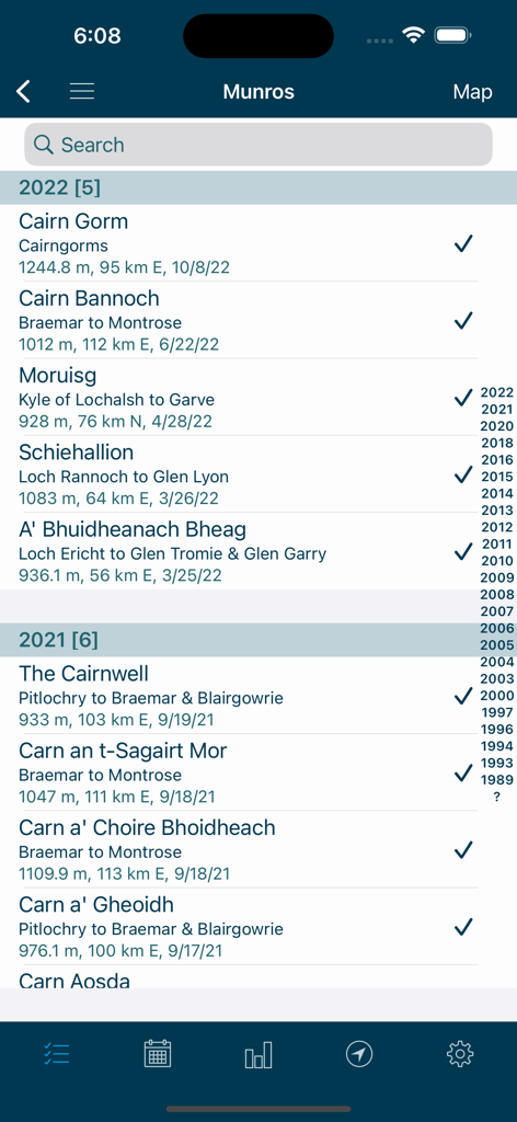 Hill Lists - A list of completed Munro peaks with dates and checkmarks in the Hill Lists app