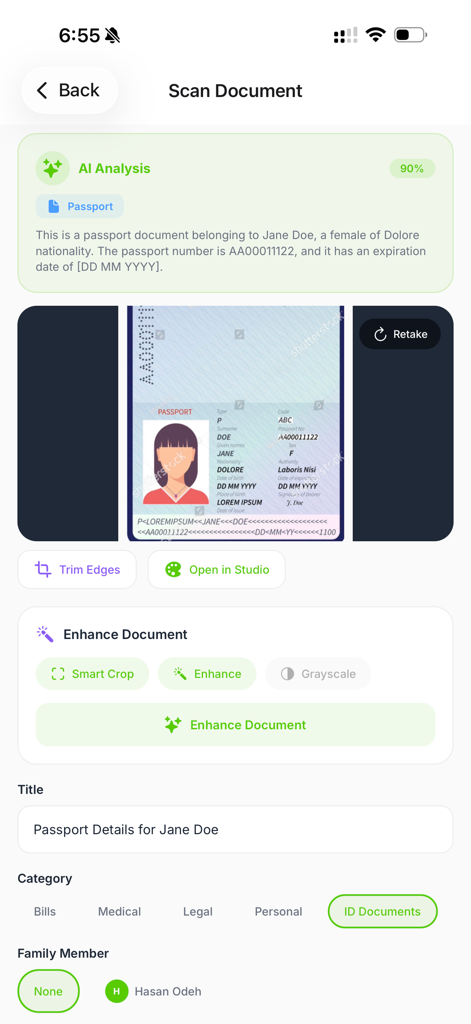 MyIDs app screen showing AI analysis of a scanned passport and document enhancement options