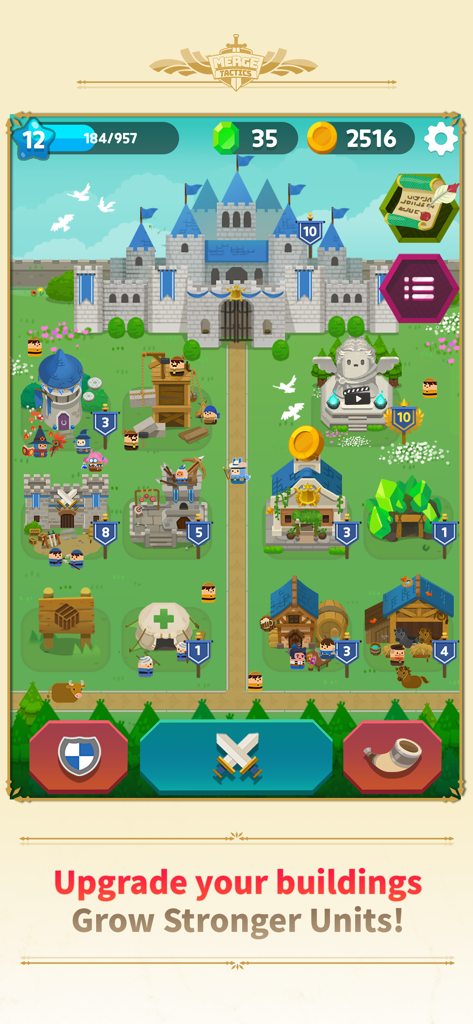 A view of the castle base in Merge Tactics showing various buildings that can be upgraded to grow stronger units.