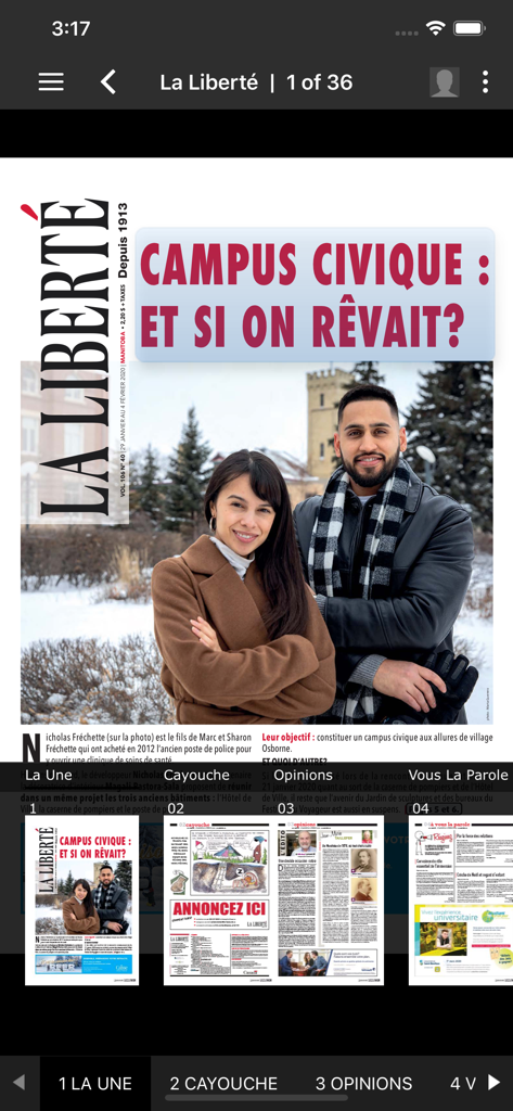 LA LIBERTÉ - Captura de pantalla de la aplicación móvil La Liberté que muestra una réplica digital de la portada del periódico con un artículo principal titulado Campus Civique.