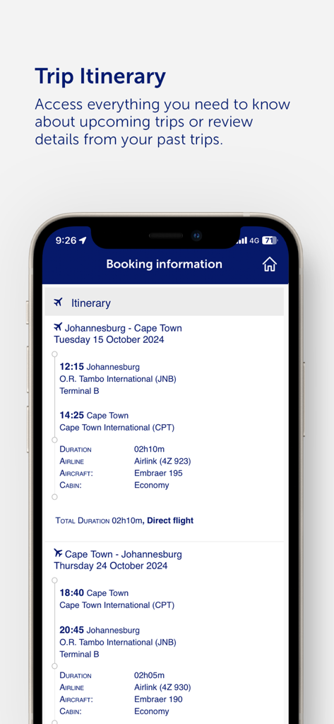 Fly Airlink app displaying a trip itinerary with flight details and schedules