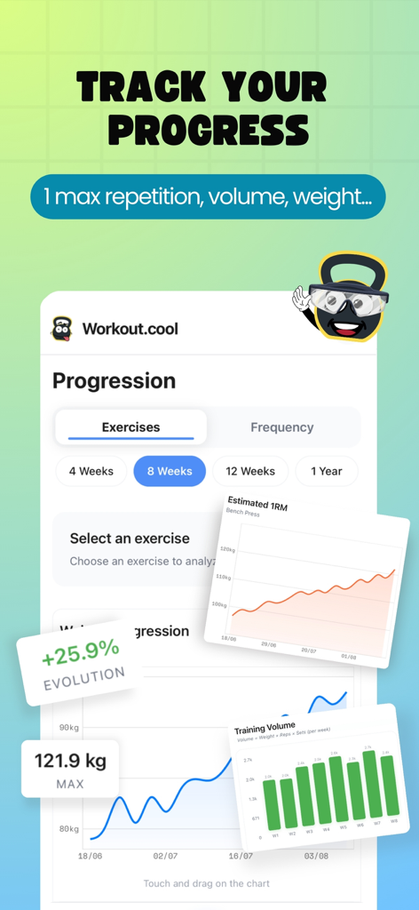 Workout.cool: Fitness Coach - Interface de l'application Workout.cool montrant un suivi visuel des progrès de remise en forme avec des graphiques d'évolution des exercices et du volume d'entraînement