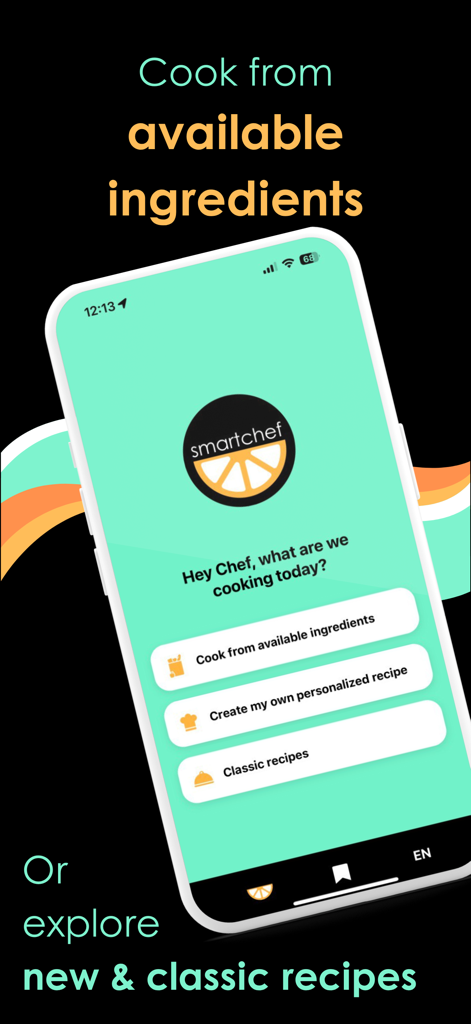 smartchef - Smartchef mobile app home screen showing options to cook from available ingredients or explore classic recipes.