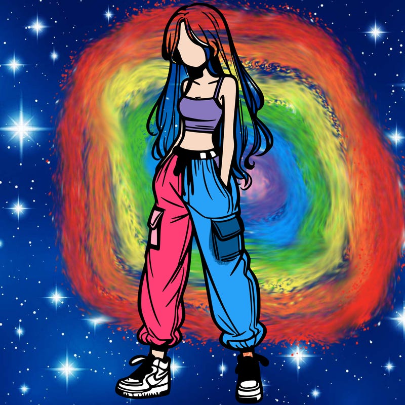 girl in baggy pants crop top and long hair