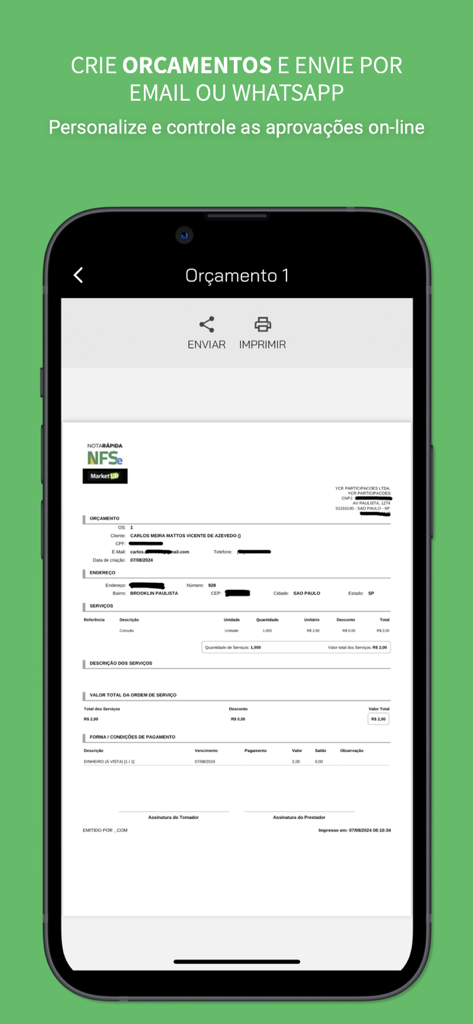 Tela de smartphone exibindo um orçamento de serviço profissional no aplicativo Nota Rápida