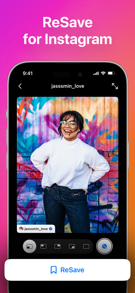 A mobile interface of InSaver showing the ReSave feature for Instagram posts.