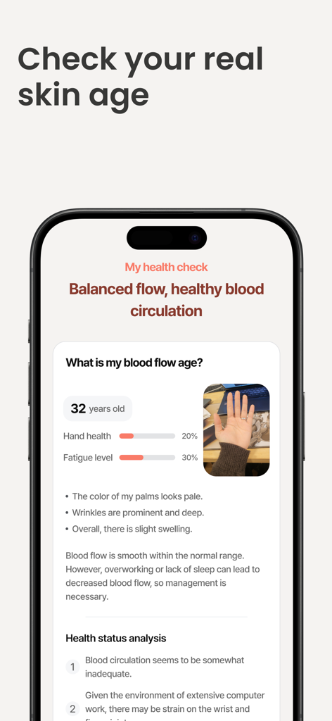 PalmPath - PalmPath mobile app interface displaying a hand health check report with a blood flow age result and fatigue level metrics.