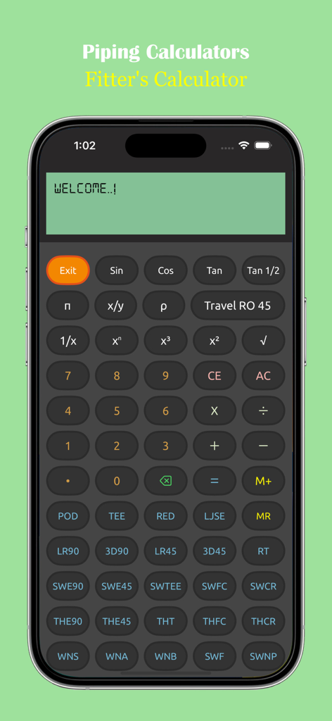 Piping Calculators - Interface of the Piping Calculators app featuring a specialized scientific calculator for pipe fitting and engineering tasks on an iPhone.