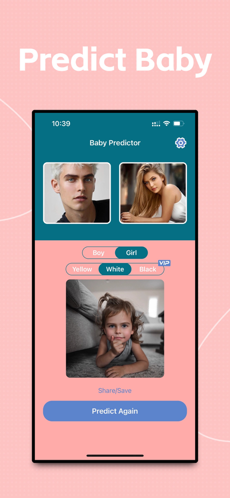 Baby Predictor - Merge faces - Mobile app interface showing the face merge feature with two parent photos and a predicted baby result