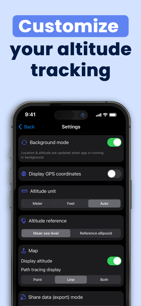 Elevation Tracker: Altitude - Elevation Tracker app settings screen showing altitude unit and GPS coordinate customization options
