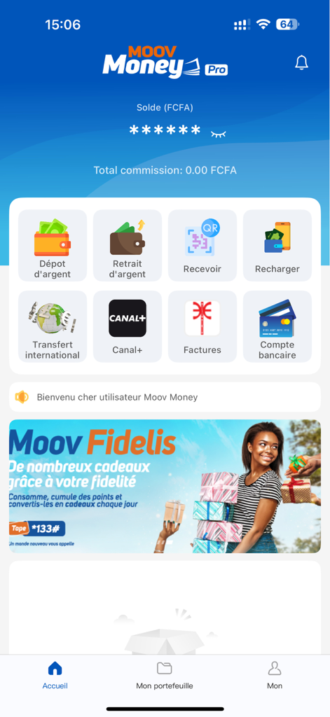 Interface of the Moov Money Benin Pro app showing the main dashboard with service icons for money transfers, bill payments, and banking.