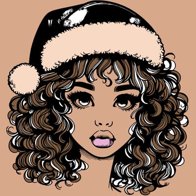 realistic girl with a santa hat curly hair and lips