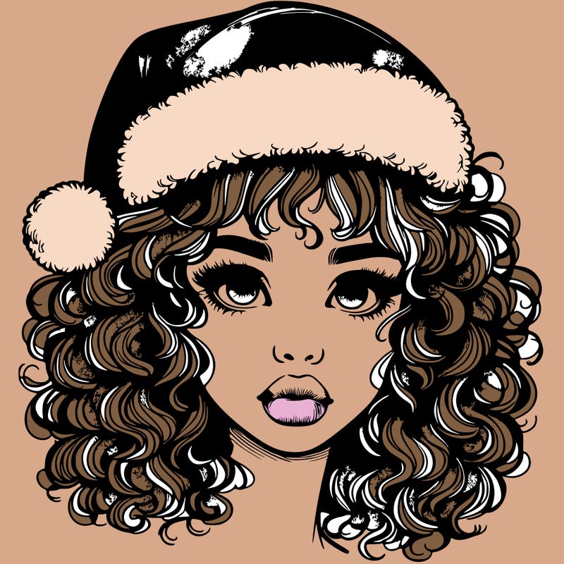 realistic girl with a santa hat curly hair and lips