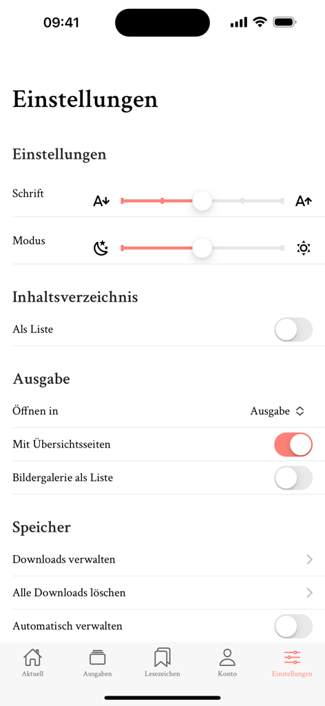 brand eins - Settings screen of the brand eins app with font and theme options