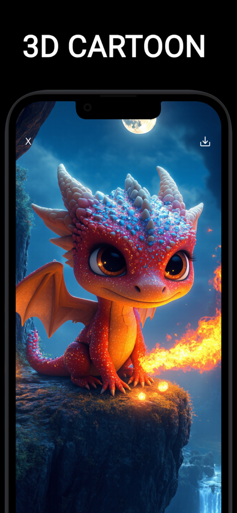King AI: AI Video Creator - 3D cartoon style AI video of a cute red dragon breathing fire on a cliff