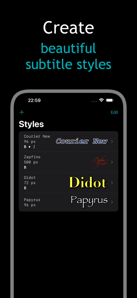 Captions Craft - A mobile screen from the Captions Craft app showing various custom subtitle font styles and typography settings.