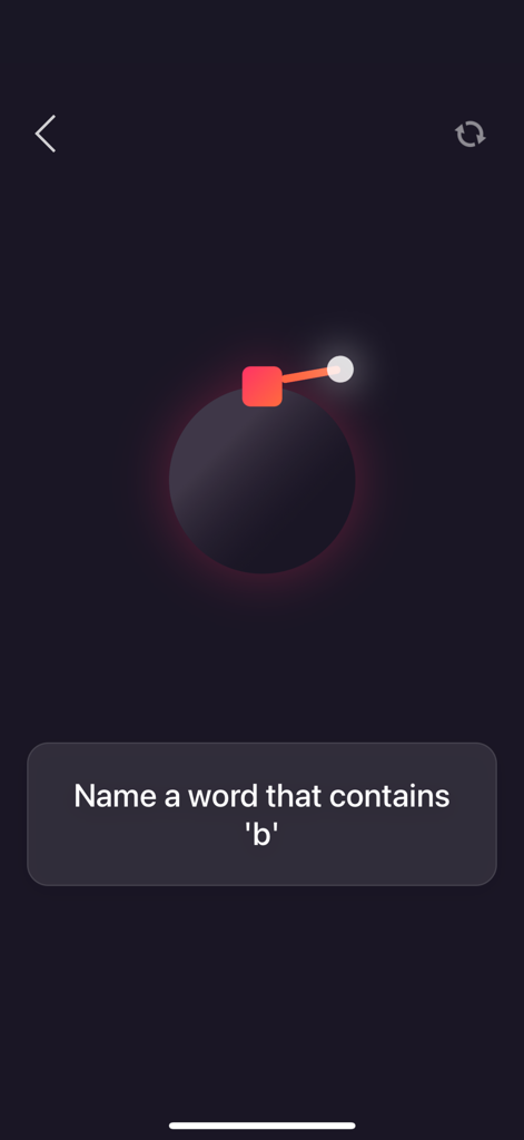 Pantalla del juego de fiesta Bomb, mostrando un icono de bomba y la indicación de nombrar una palabra que contenga la letra b.
