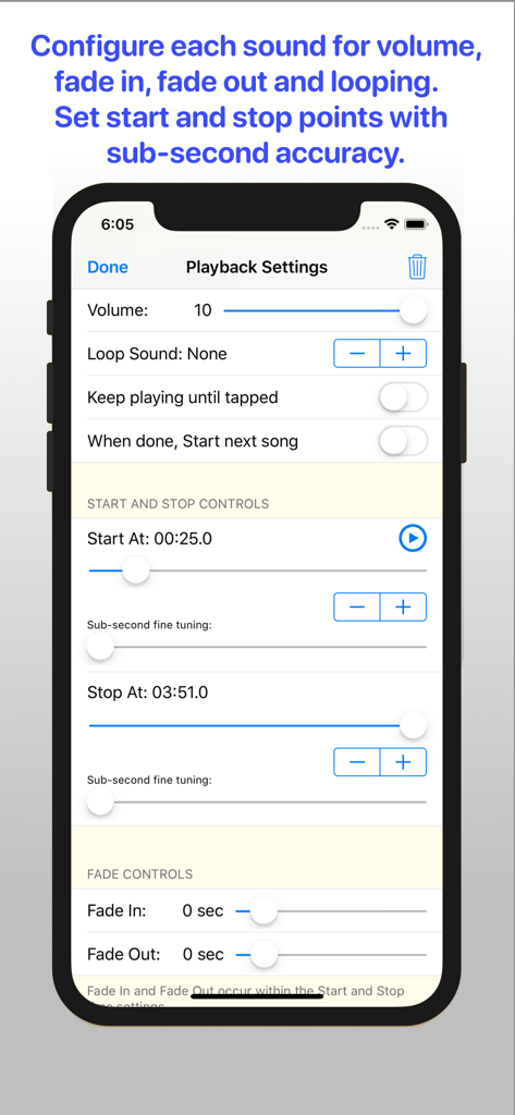 Interface of the Sports Audio DJ app showing detailed playback settings for volume fade and sub-second timing