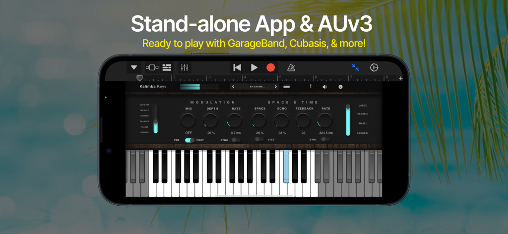 Kalimba Keys - Kalimba Keys virtual instrument interface with piano keyboard and audio effect controls