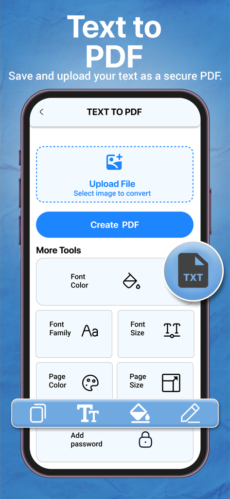 All Doc Reader & PDF Converter - Interfaz del convertidor de Texto a PDF con herramientas de formato de fuente y página.