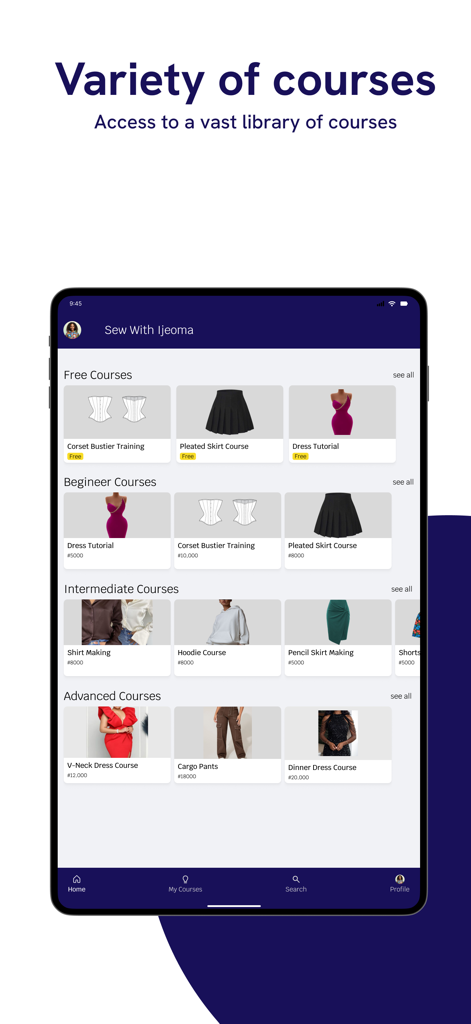 Sew with Ijeoma - A variety of sewing courses available on the Sew with Ijeoma app categorized by skill level