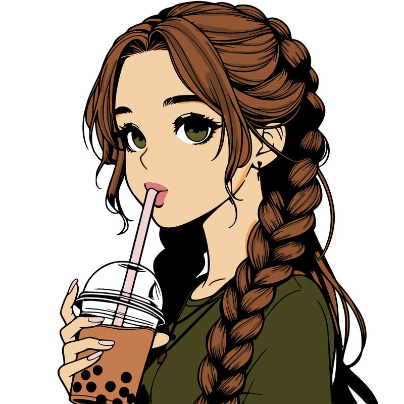 realistic girl with braided hair drinking boba