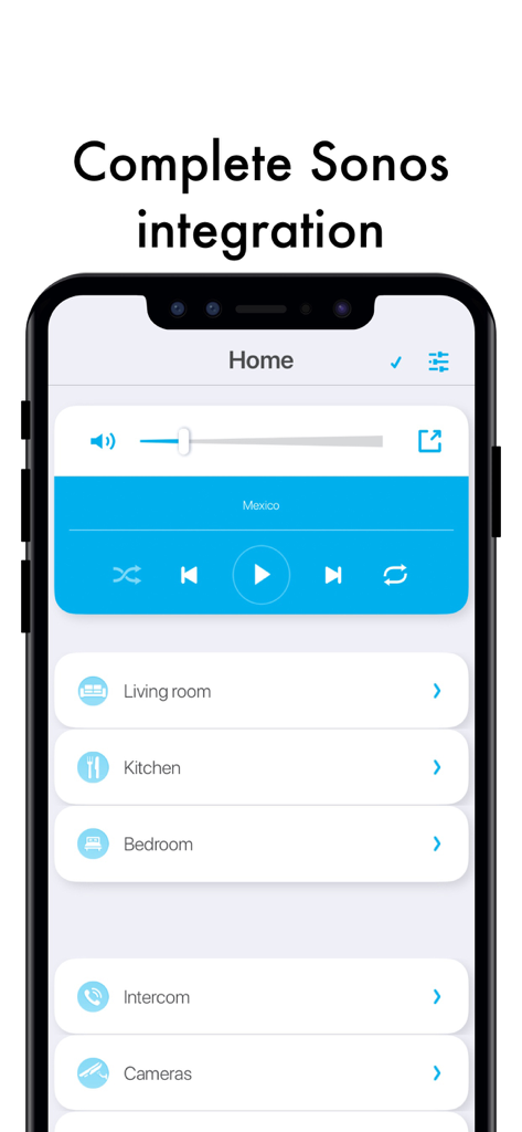 xxter - Captura de tela do iPhone do aplicativo xxter exibindo controles de música Sonos e categorias de cômodos da casa inteligente