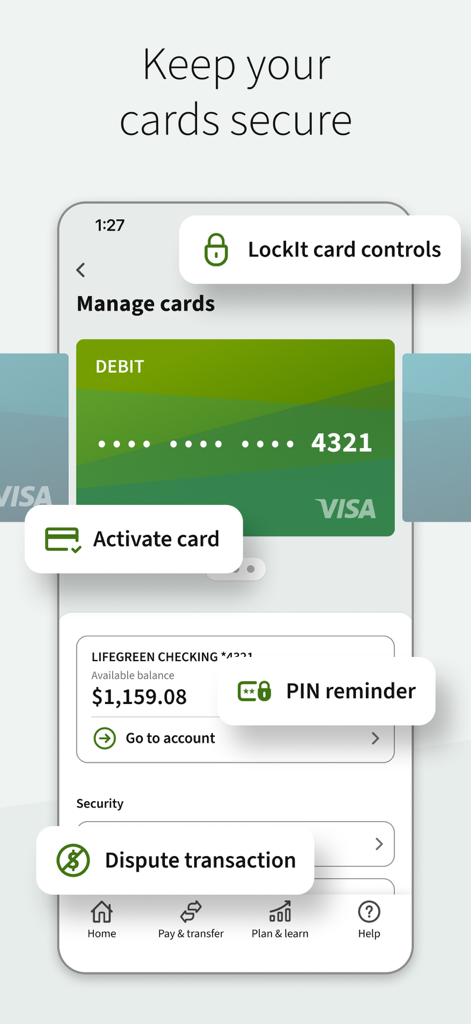 Regions Mobile - Regions Mobile app interface for managing cards with LockIt security controls and transaction disputes