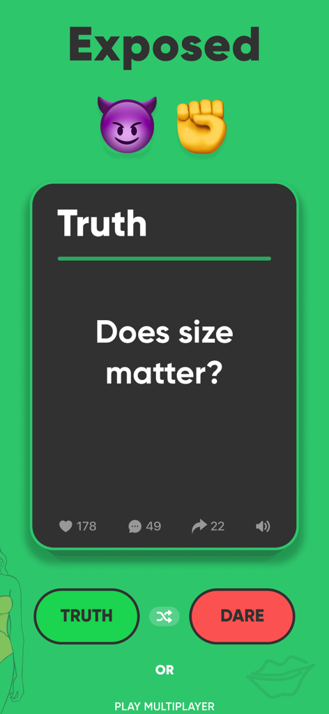 Truth or Dare Teen Party Games - Truth or Dare app interface showing a Truth card with a provocative question in the Exposed level