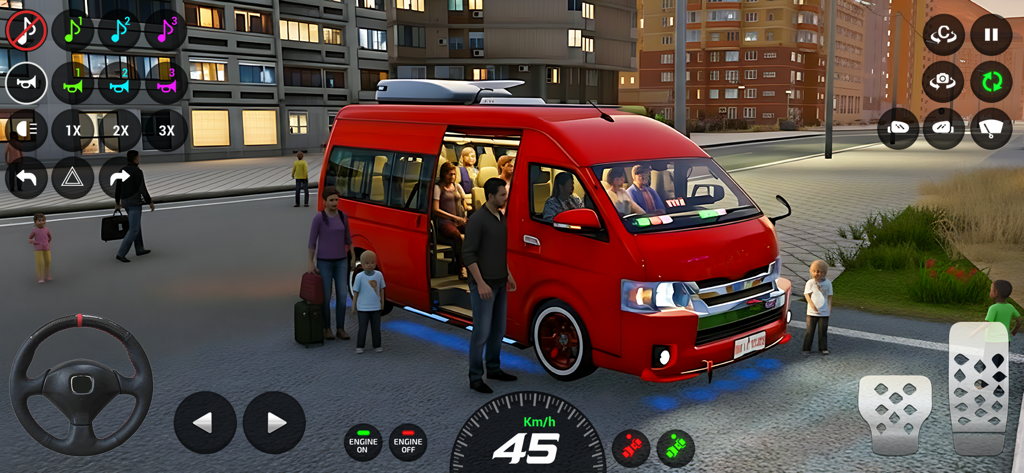 Dubai Van Simulator Game 3D - Gameplay screenshot showing a red passenger van in Dubai Van Simulator Game 3D