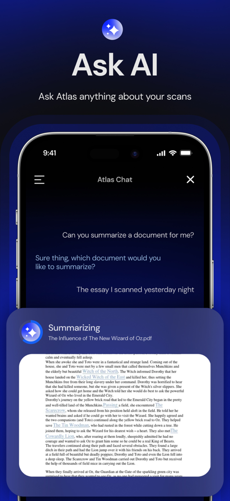 Atlas AI: PDF Document Scanner - Un smartphone mostrando la interfaz de chat de Atlas AI donde un usuario pide al asistente de IA que resuma un documento PDF escaneado.