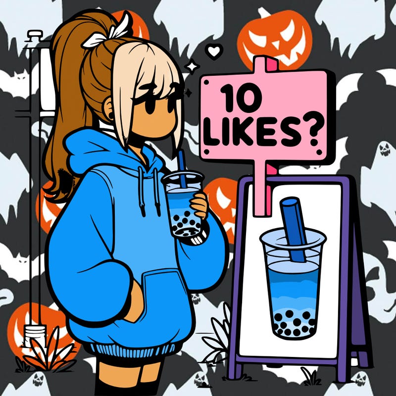 girl with oversized hoodie drinking boba and she has a high ponytail with a sign that says 10likes?