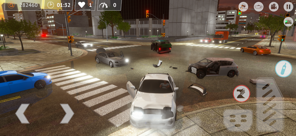 Driving Zone - Gameplay screenshot of Driving Zone showing damaged cars at a city intersection