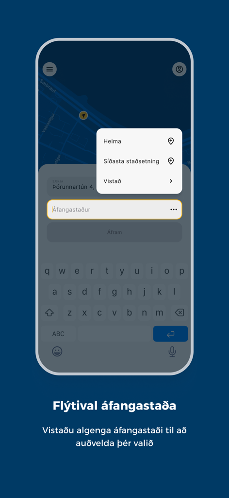 Interface of the Hreyfill taxi app for selecting and saving favorite travel destinations in Iceland