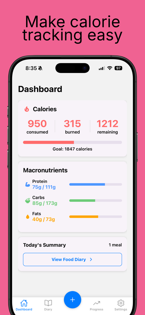 Tableau de bord de l'application mobile CalPal montrant les statistiques de suivi des calories et des macronutriments