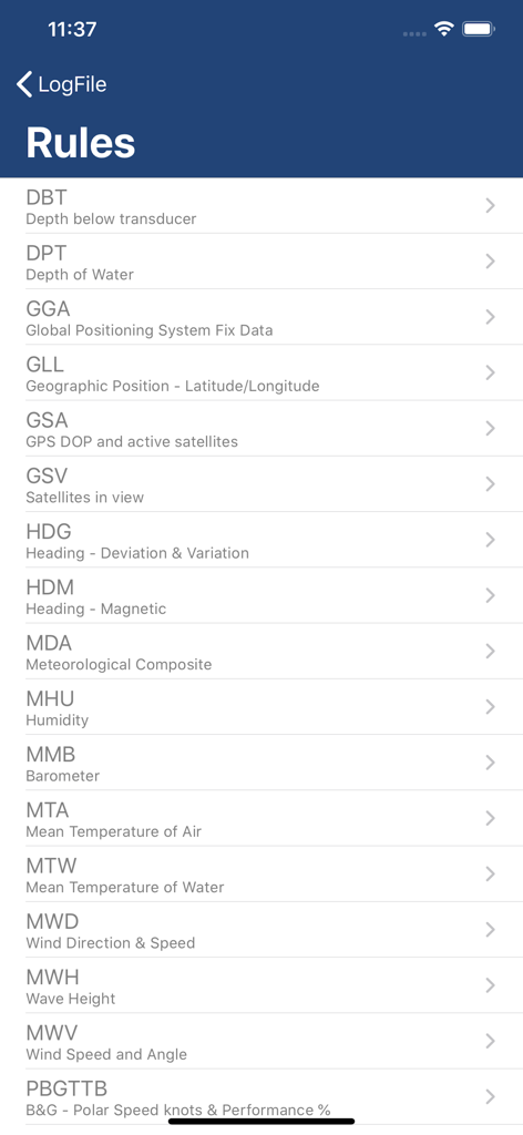 NMEAconnect - Liste des règles de configuration des trames NMEA pour les données marines dans l'application NMEAconnect