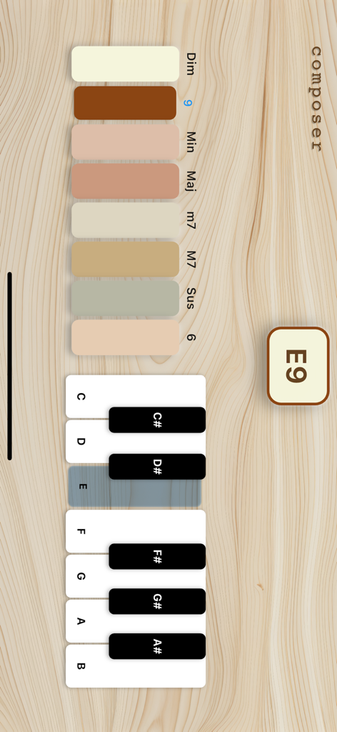 composer - Composer app interface featuring a virtual piano and chord modifier buttons to create complex musical progressions