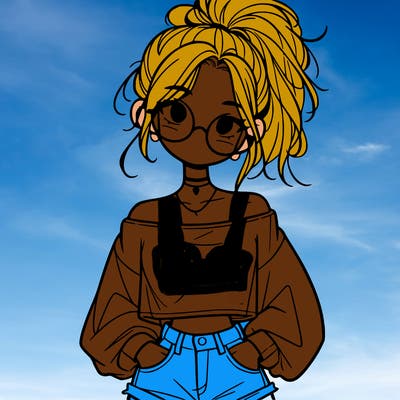 girl with a messy ponytail glasses a baggy crop top and jean shorts