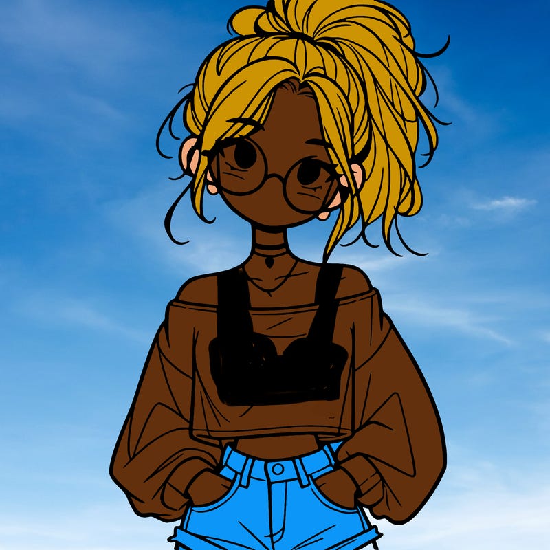 girl with a messy ponytail glasses a baggy crop top and jean shorts