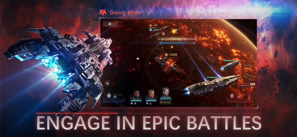 Batalla espacial épica de ciencia ficción en Nova Space Armada con naves de guerra masivas sobre un planeta ardiente