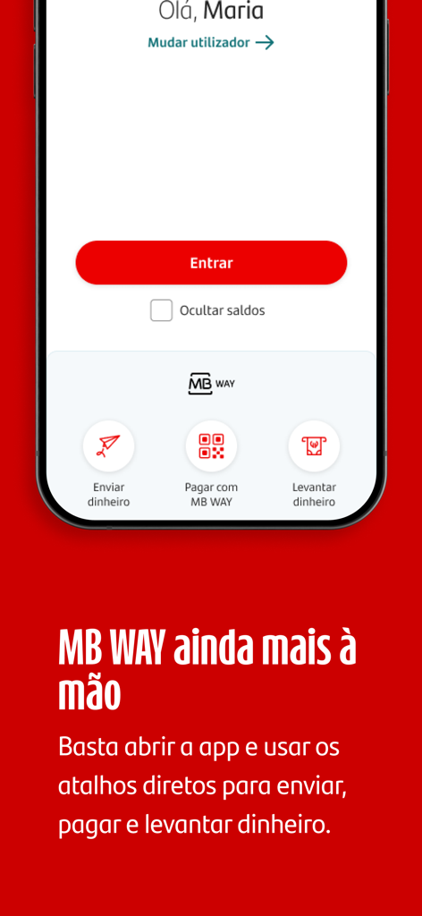 Tela de login do aplicativo Santander Portugal com atalhos de acesso rápido para transações MB WAY