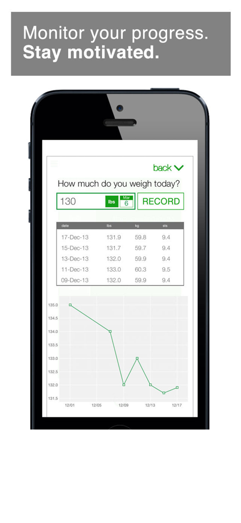 7 Minute Workout Challenge - Pantalla de seguimiento de peso con un gráfico de líneas y un registro en la aplicación 7 Minute Workout Challenge